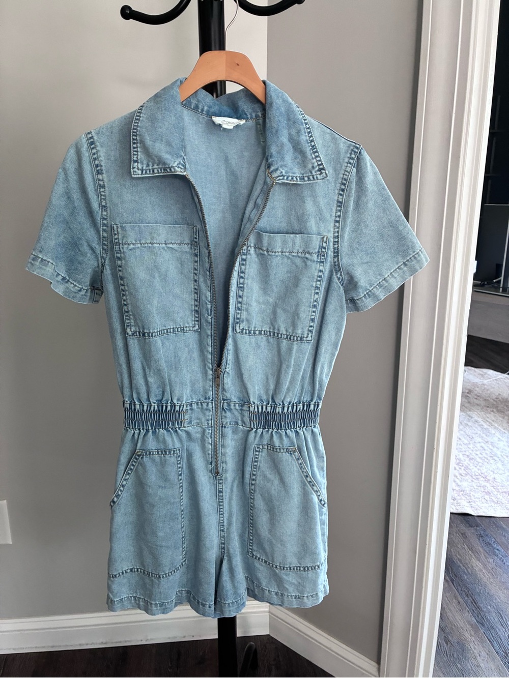 Elan Light Blue Denim Short Sleeve Romper